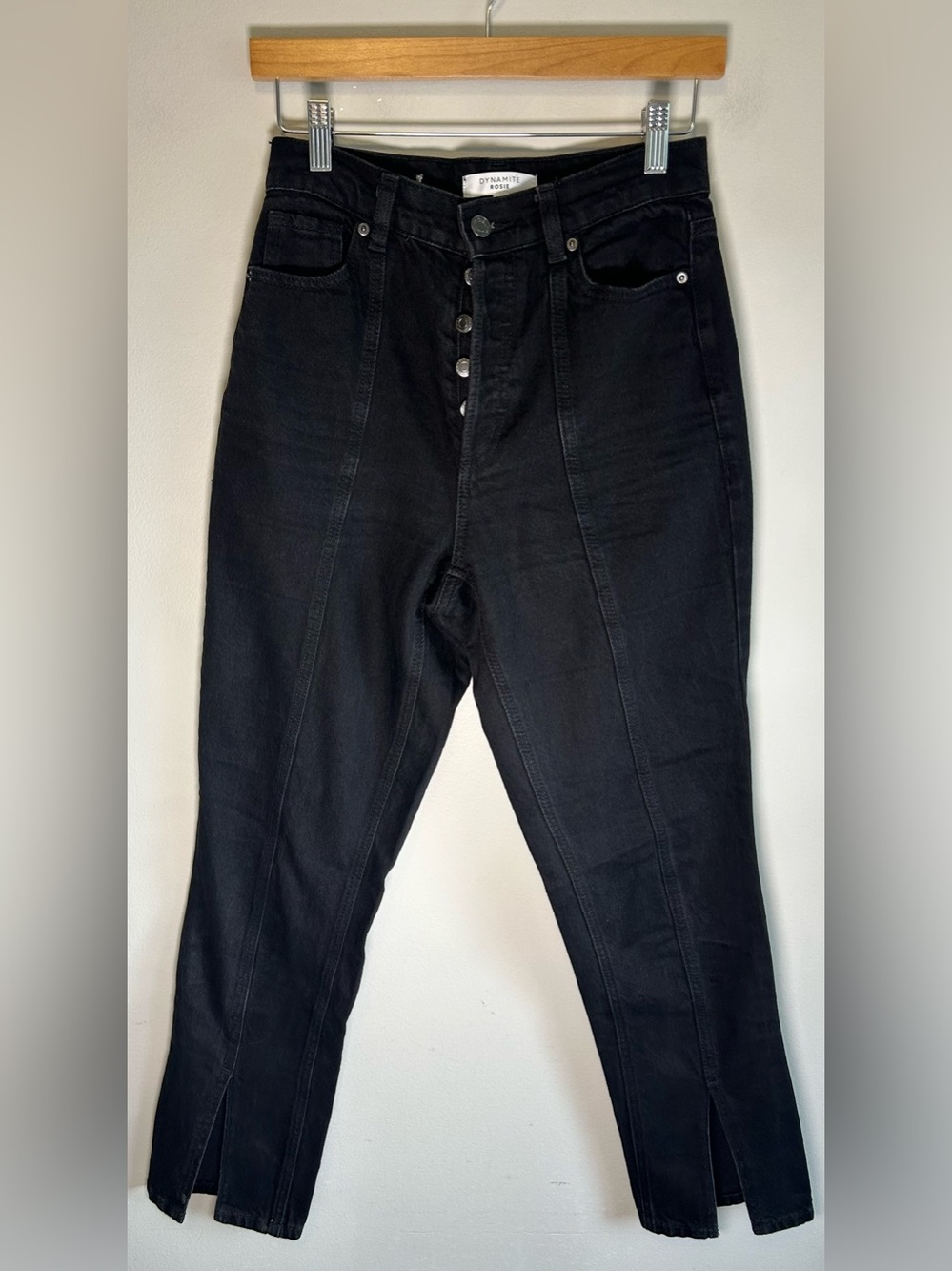 Dynamite Rosie High Waist Button Fly Slim Leg Jeans Black Vertical Seams Size 26